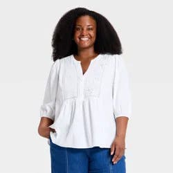 Women's Balloon 3/4 Sleeve Button-Front Embroidered Deep V-Neck Top - Ava & Viv™ Ivory XXL