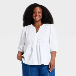 Women's Balloon 3/4 Sleeve Button-Front Embroidered Deep V-Neck Top - Ava & Viv™ Ivory 1X