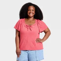 Women's Flutter Short Sleeve Tie-Front Knit Top - Ava & Viv™ Red XXL