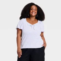 Women's Flutter Short Sleeve Tie-Front Knit Top - Ava & Viv™ Blue Striped 1X