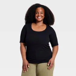 Women's Raglan Elbow Sleeve Lace Trim Scoop Neck Top - Ava & Viv™ Black XXL