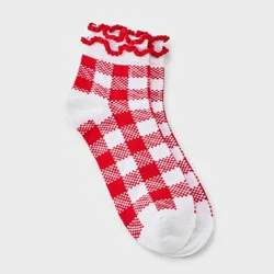 Women's Gingham Ruffle Ankle Socks - White/Red 4-10