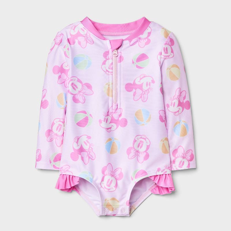 slide 1 of 4, Disney Baby Girls' Minnie Mouse Beach Ball 1pc Rash Guard Swimsuit - Light Pink 9M, 1 ct