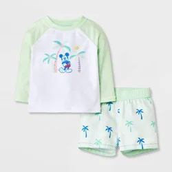 Disney Baby Boys' Mickey Mouse Palm Tree 2pc Rash Guard Swimsuit - Light Green 6M