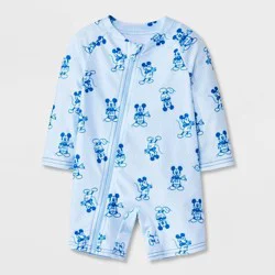 Disney Baby Boys' Mickey Mouse Striped 1pc Rash Guard Swimsuit - Light Blue 9M