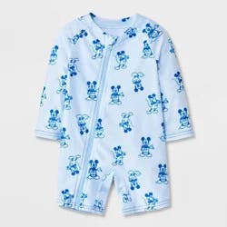 Disney Baby Boys' Mickey Mouse Striped 1pc Rash Guard Swimsuit - Light Blue 9M