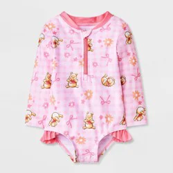 Disney Baby Girls' Winnie the Pooh Bow Gingham 1pc Rash Guard Swimsuit - Light Pink 3M