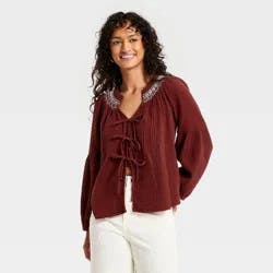 Women's Raglan Long Sleeve Tie-Front Blouse - Universal Thread™ Maroon M