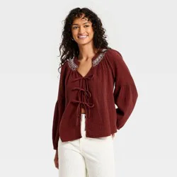 Women's Raglan Long Sleeve Tie-Front Blouse - Universal Thread™ Maroon L
