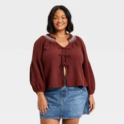 Women's Raglan Long Sleeve Tie-Front Blouse - Universal Thread™ Maroon XXL