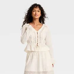 Women's Ruffle Long Sleeve Lace Trim Blouse - Universal Thread™ Cream M