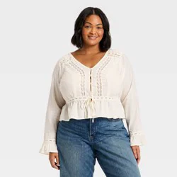 Women's Ruffle Long Sleeve Lace Trim Blouse - Universal Thread™ Cream XXL