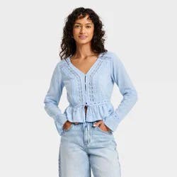 Women's Ruffle Long Sleeve Lace Trim Blouse - Universal Thread™ Light Blue XS