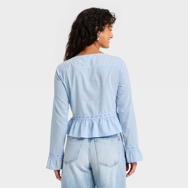 slide 2 of 3, Women's Ruffle Long Sleeve Lace Trim Blouse - Universal Thread™ Light Blue M, 1 ct