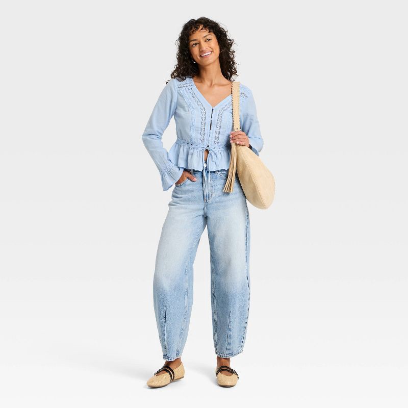 slide 3 of 3, Women's Ruffle Long Sleeve Lace Trim Blouse - Universal Thread™ Light Blue M, 1 ct