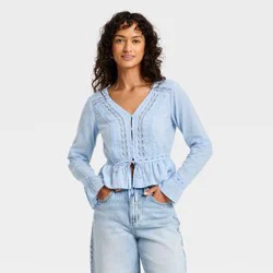 Women's Ruffle Long Sleeve Lace Trim Blouse - Universal Thread™ Light Blue L