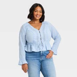 Women's Ruffle Long Sleeve Lace Trim Blouse - Universal Thread™ Light Blue XXL