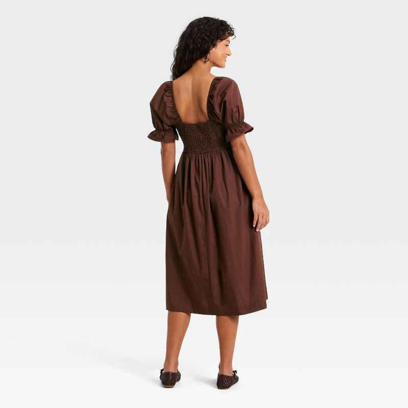 slide 2 of 3, Women's Puff Elbow Sleeve Midi A-Line Dress - Universal Thread™ Brown M, 1 ct