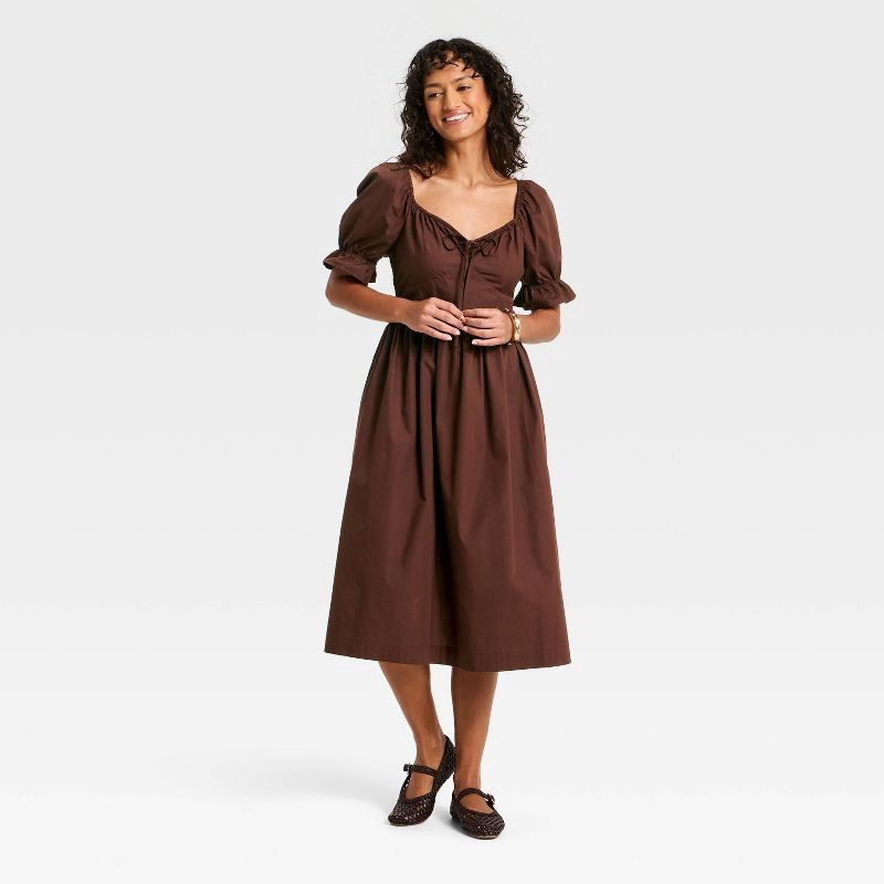 slide 3 of 3, Women's Puff Elbow Sleeve Midi A-Line Dress - Universal Thread™ Brown M, 1 ct