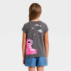 Girls' Disney Stitch and Angel Cosmic Short Sleeve Front and Back Graphic T-Shirt - Charcoal Gray S