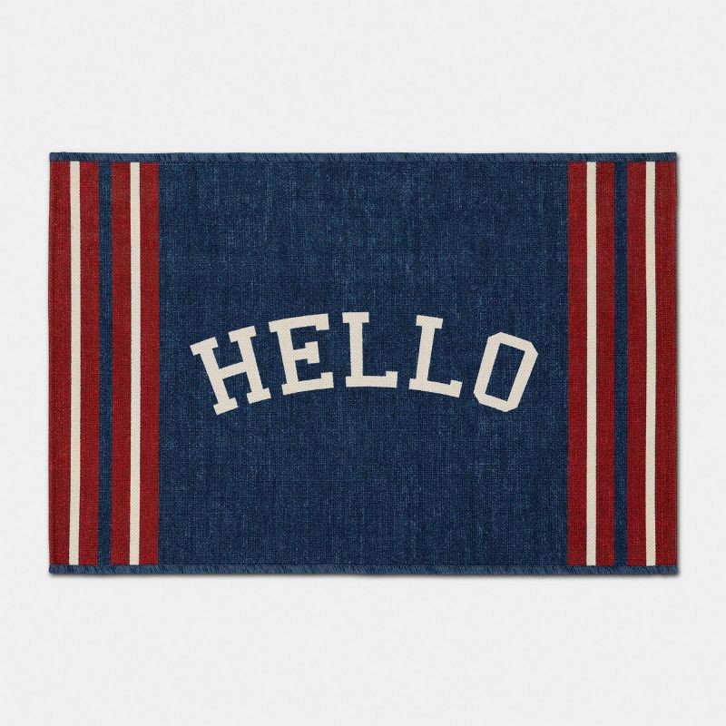 slide 1 of 4, 2'x3' 'Hello' Border Stripe Dorm Scatter Accent Rug Blue/Red - Room Essentials™, 1 ct
