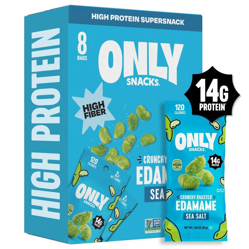 slide 1 of 6, Only Snacks The Only Bean Crunchy Roasted Edamame Snacks Individually Wrapped Protein Packs Sea Salt - 8.4oz/8pk, 8.4 oz; 8 ct