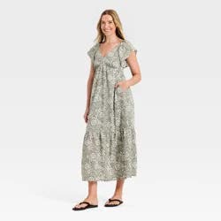 Women's Flutter Short Sleeve Floral Maxi A-Line Dress - Universal Thread™ Olive Green M