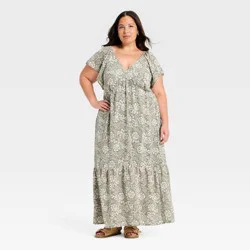 Women's Flutter Short Sleeve Floral Maxi A-Line Dress - Universal Thread™ Olive Green XXL