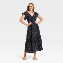 Women's Flutter Short Sleeve Floral Maxi A-Line Dress - Universal Thread™ Black M