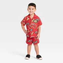 Toddler Boys' 2pc Disney Cars Lightning McQueen Gauze Short Sleeve Button-Down Shirt & Shorts Set - Red 4T