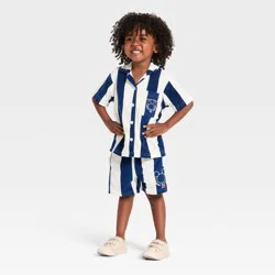 Toddler Boys' 2pc Disney Mickey Mouse Striped Short Sleeve Button-Down Shirt & Shorts Set - Blue 18M