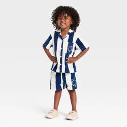 Toddler Boys' 2pc Disney Mickey Mouse Striped Short Sleeve Button-Down Shirt & Shorts Set - Blue 5T