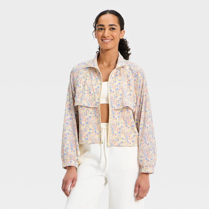 slide 1 of 5, Women's Lightweight Run Windbreaker Jacket - All In Motion™ Yellow Floral Print M, 1 ct