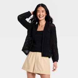 Women's Long Sleeve Tape Yarn Open Cardigan - A New Day™ Black L