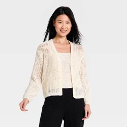 Women's Long Sleeve Tape Yarn Open Cardigan - A New Day™ Cream S