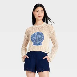 Women's Open Work Shell Pullover Sweater - A New Day™ Cream/Blue S