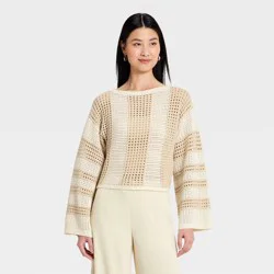 Women's Open Work Oversized Pullover Sweater - A New Day™ Cream Striped M