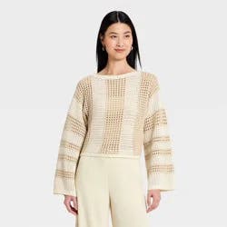 Women's Open Work Oversized Pullover Sweater - A New Day™ Cream Striped L