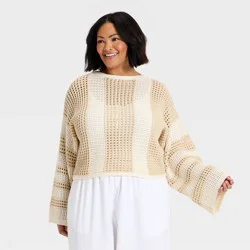 Women's Open Work Oversized Pullover Sweater - A New Day™ Cream Striped XXL