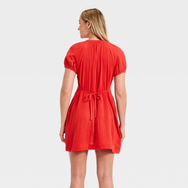 slide 2 of 3, Women's Gauze Puff Short Sleeve Button-Down Mini A-Line Sundress - Universal Thread™ Red L, 1 ct