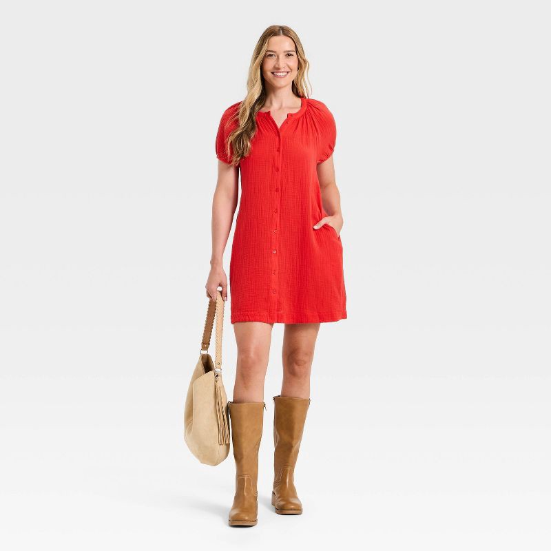slide 3 of 3, Women's Gauze Puff Short Sleeve Button-Down Mini A-Line Sundress - Universal Thread™ Red L, 1 ct
