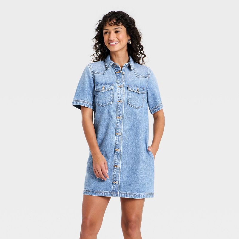 slide 1 of 3, Women's Short Sleeve Denim Mini Shirtdress - Universal Thread™ Medium Wash XS, 1 ct