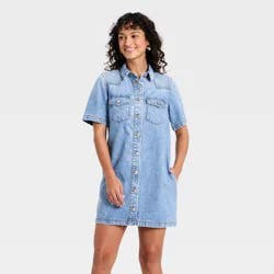 Women's Short Sleeve Denim Mini Shirtdress - Universal Thread™ Medium Wash XS