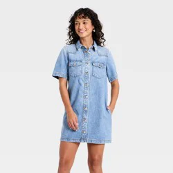 Women's Short Sleeve Denim Mini Shirtdress - Universal Thread™ Medium Wash L