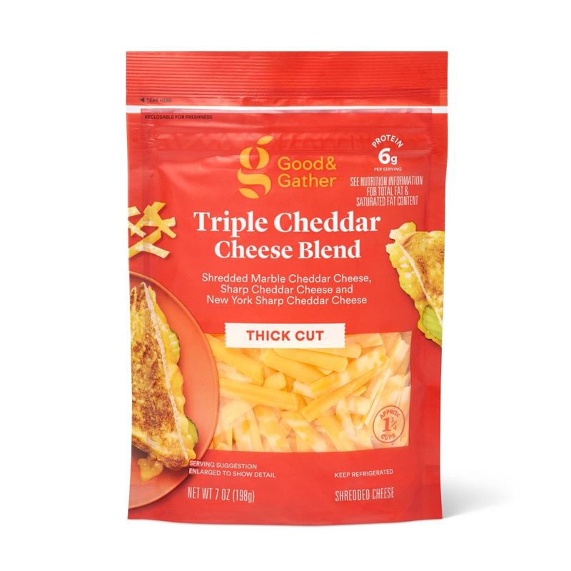 slide 1 of 4, Thick-Cut Triple Cheddar Shredded Cheese Blend -7oz - Good & Gather™, 7 oz