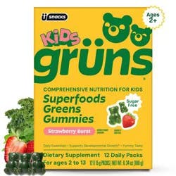 Gruns Grüns Kids Sugar Free Superfoods Greens Gummies with Prebiotic Fiber - 240g/12 Servings