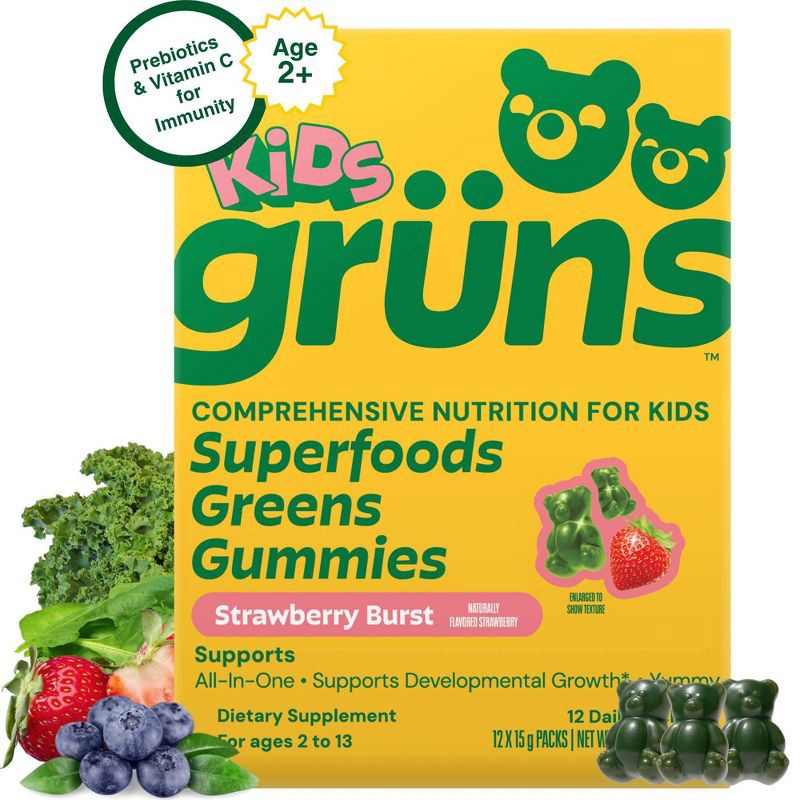 slide 1 of 6, Gruns Grüns Kids Low Sugar Superfoods Greens Gummies with Prebiotic Fiber - 240g/12 Servings, 240 gram, 12 servings
