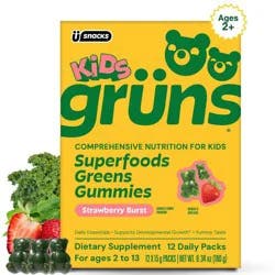 Gruns Grüns Kids Low Sugar Superfoods Greens Gummies with Prebiotic Fiber - 240g/12 Servings