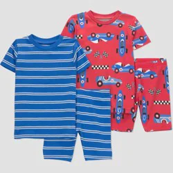 Carter's Just One You® Toddler Boys' 4pc Short Sleeve Race Cars Cotton Pajama Set - Blue/Red Striped 3T