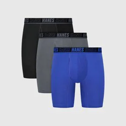Hanes Premium Hanes Men's Anti-Chafe Long Leg Boxer Briefs 3pk - Black/Gray/Blue L